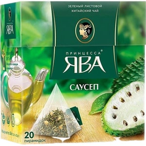 May include: A green box of Princess Java tea with a picture of a soursop fruit on the front. The box says "Green leaf Chinese tea" and "Soursop". There are 20 pyramid tea bags in the box.