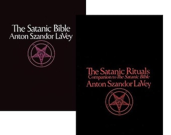 May include: Two books with black covers. The left book is titled "The Satanic Bible" by Anton Szandor LaVey, with a pink pentagram symbol. The right book is titled "The Satanic Rituals" with a red pentagram symbol.
