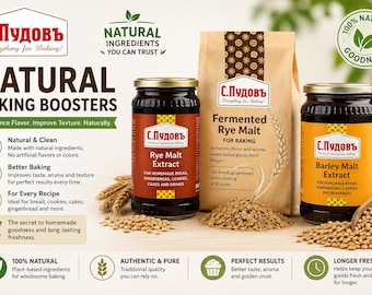 May include: Two glass jars of malt extract and a paper bag of fermented rye malt labeled with the C.Pudov brand. The rye malt extract jar has a red label, the barley malt extract jar has a yellow label, and the rye malt bag is light brown.
