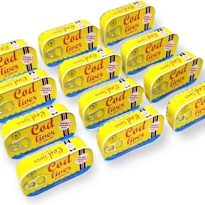 May include: A collection of yellow and blue cod liver tins. Each tin has the words "Cod liver" in red and white text. The tins are arranged in rows and columns, with the tops of the tins facing the viewer.