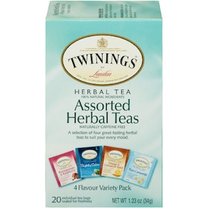 May include: A box of 20 Twinings of London assorted herbal tea bags. The box is blue and green and features a variety of herbal tea flavors, including pomegranate & raspberry, nighty calm, orange & cinnamon spice, and pure chamomile. The box is labeled "4 Flavor Variety Pack" and "NET WT 1.23 oz (34g)".