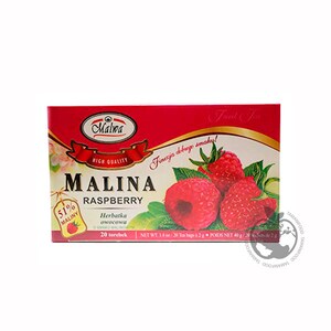 May include: A box of 20 raspberry fruit tea bags. The box is red and features a picture of raspberries. The text on the box reads "Malina Raspberry" and "Finezja dobrego smaku!"