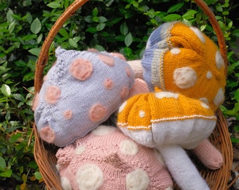 100% Wool + Cotton Hand Knitted Stuffed Mushroom Toy - Lavendar, Brown + Pink