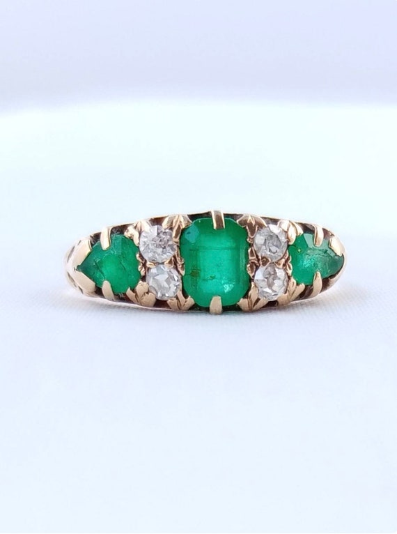 Victorian 18ct Gold Ring with Emeralds and Old Min