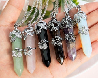 Natuursteen amethist, levensboom hanger ketting, zeshoekige pijler kristal ketting, kristaldraad gewikkelde ketting, amethist, opaal, aventurijn