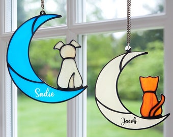 Personalized Cat Windows Hanging,Sleeping Cat On Moon Acrylic Windows Hangings,Handcrafted Suncatchers,Cat Memorial Gifts,Cat Decoration