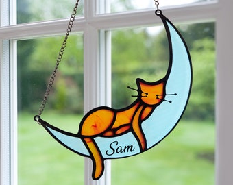 Personalized Cat Windows Hanging,Sleeping Cat On Moon Acrylic Windows Hangings,Handcrafted Suncatchers,Cat Memorial Gifts,Cat Decoration