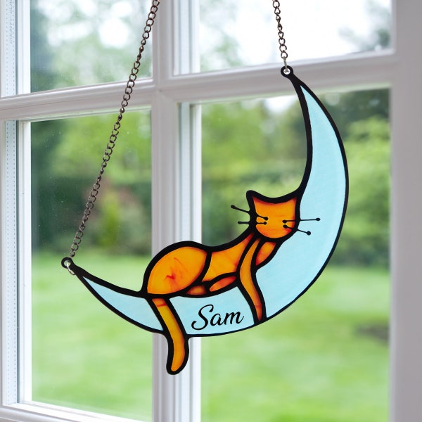 Personalized Cat Windows Hanging,Sleeping Cat On Moon Acrylic Windows Hangings,Handcrafted Suncatchers,Cat Memorial Gifts,Cat Decoration