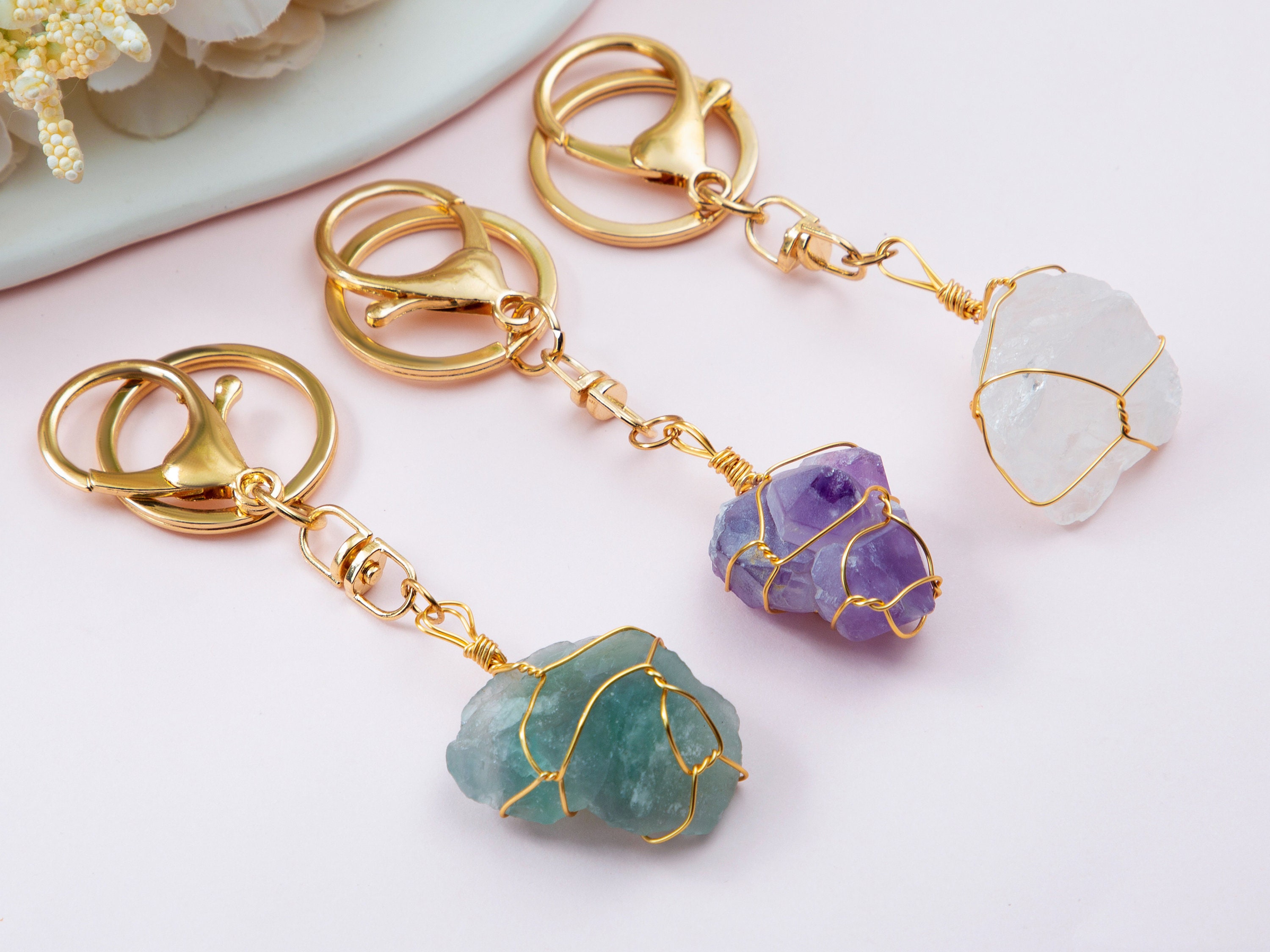 Raw Crystal Keychain,gemstone Keychain,pet Collar Charm,bag