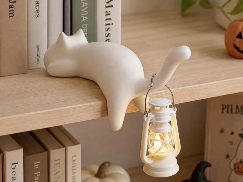 May include: A matte white cat figurine lying on a shelf edge with its tail curved upward. A small, white, battery-operated lantern with a clear glass globe and a metal handle hangs from the cat's tail, emitting a warm, soft, glowing light.