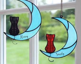 Windows Hanging pet personalized,Sun catcher,Pet Memorial Gift,personalized Dog Memorial Gift,dog/cat/pet remembrance,Sleeping Cat On Moon