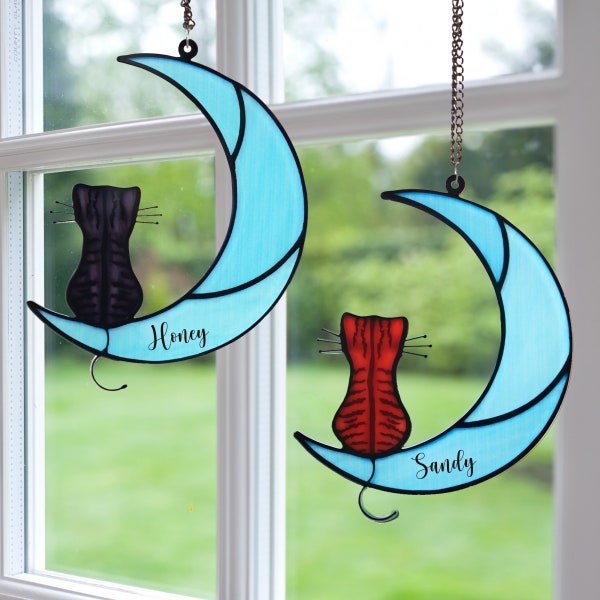 Windows Hanging pet personalized,Sun catcher,Pet Memorial Gift,personalized Dog Memorial Gift,dog/cat/pet remembrance,Sleeping Cat On Moon