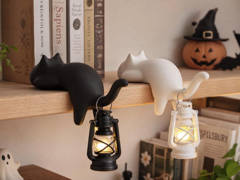 May include: Two cat-shaped shelf sitters, one matte black and one matte white, each featuring a curved tail that acts as a hook. A small black lantern hangs from the black cat's tail, and a small white lantern hangs from the white cat's tail.