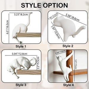 May include: Four white cat-shaped hooks labeled Style 1 through 4. Style 1 is 6.5 inches tall, Style 2 is 3.38 inches wide, Style 3 is 5.04 inches wide, and Style 4 is 5.9 inches tall. Each hook shows dimensions in inches and centimeters.