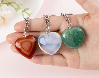 Natural Crystal Keychain,Gemstone Love Key Chain,Heart Stone Keyring,Heart Keychain,  Healing Crystal Keyring, Bag Accessory,Valentines Gift