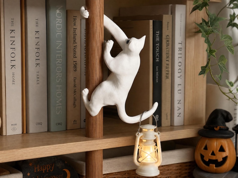 May include: A white cat figurine climbing a vertical wooden pole. The cat has a curved tail that acts as a hook, from which a small, battery-operated lantern with a warm, glowing light is suspended. The figurine is positioned in front of books.