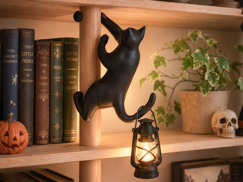 May include: A matte black cat figurine climbing a vertical wooden pole, with its tail curved to hold a small, lit black lantern. The cat is positioned on a shelf next to several books, a small pumpkin, a potted plant, and a skull decoration.