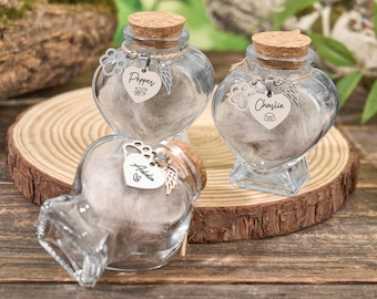 Frasco para pelo de mascota personalizado, frasco conmemorativo con forma de corazón con etiqueta para nombre, frasco de cristal conmemorativo, regalo conmemorativo para mascota, recuerdo para mascota