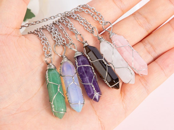 Collana Con Ciondolo Luna In Quarzo Rosa Naturale E Albero Della Vita - Avvolto In Rame, Regalo Con Sacchetto