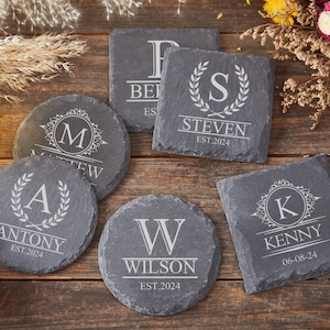 Juego de posavasos con monograma, posavasos con nombre de familia y monograma, regalos familiares personalizados, decoración de cocina familiar, posavasos con monograma de letras, juego de 4 posavasos n.º CS1
