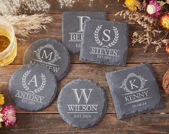Monogram Coasters Set,Monogram Family Name Coasters,Custom Family Gifts,Family Kitchen Decor,Letter Monogram Coaster,Set Of 4 Coasters #CS1