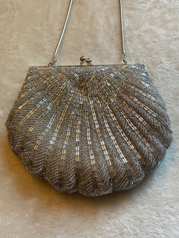 Vintage John Lewis clamshell silver beaded bag