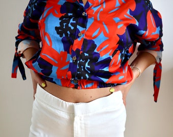 Satin shirt long sleeve, office shirt, smart blouse shirt, blue orange and purple shirt, crop shirt