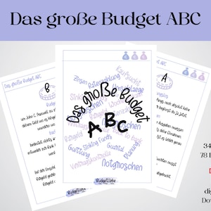Può includere: Una guida di budget PDF stampabile con 34 pagine e 78 termini. La copertina presenta un design blu e viola con il testo "Das große Budget ABC" e un'icona di borsa di denaro.