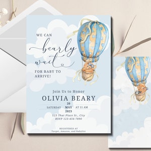 We Can Bearly Wait Baby Shower Invite, Teddy Bear Baby Shower Invitation, Bear Balloons Baby Shower, Bear Balloons Invitation,Canva Template