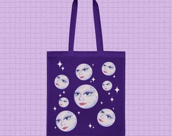Moon Face Canvas Tote Bag: Witchy Celestial Design