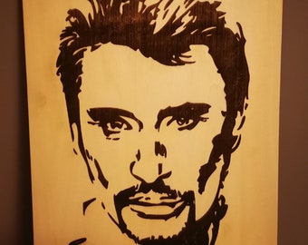 gravure portrait Johnny hallyday sur bois.
