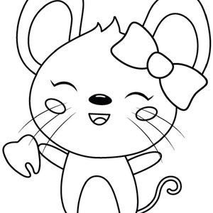 May include: A black and white cartoon illustration of a smiling mouse holding a tooth. The mouse has large ears, whiskers, and a bow on its head. The mouse is standing and has a curled tail.