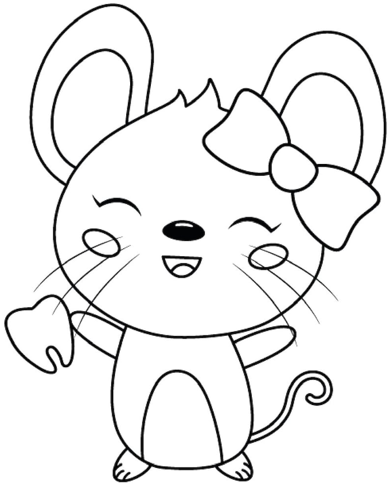 May include: A black and white cartoon illustration of a smiling mouse holding a tooth. The mouse has large ears, whiskers, and a bow on its head. The mouse is standing and has a curled tail.