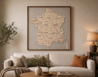 Laser-engraved wooden map of France divided into 13 regions, designer wall decoration, original gift idea, made in France
