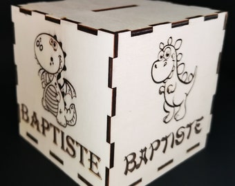 Personalized wooden piggy bank with child's name – Handcrafted laser engraving – Gift for birth or christening