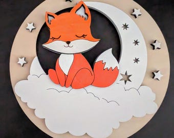 Personalized children's bedroom door sign – Engraved wooden fox with name – Christening/birth gift