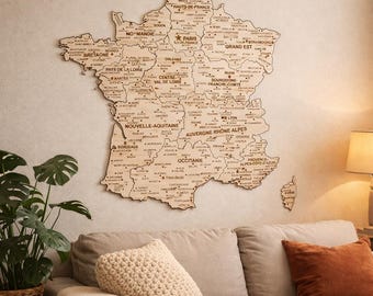 Houten wandkaart van Frankrijk – Handgemaakte wanddecoratie, gegraveerde kaart van Frankrijk, decoratie van natuurlijk hout voor woonkamer of kantoor, origineel cadeau.