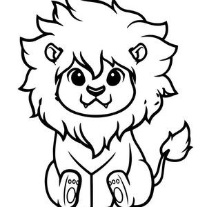 May include: A black and white cartoon illustration of a lion cub in a sitting position. The lion has a large, fluffy mane, big eyes, and a small tail. The image is a simple line drawing, suitable for coloring or use as a graphic.
