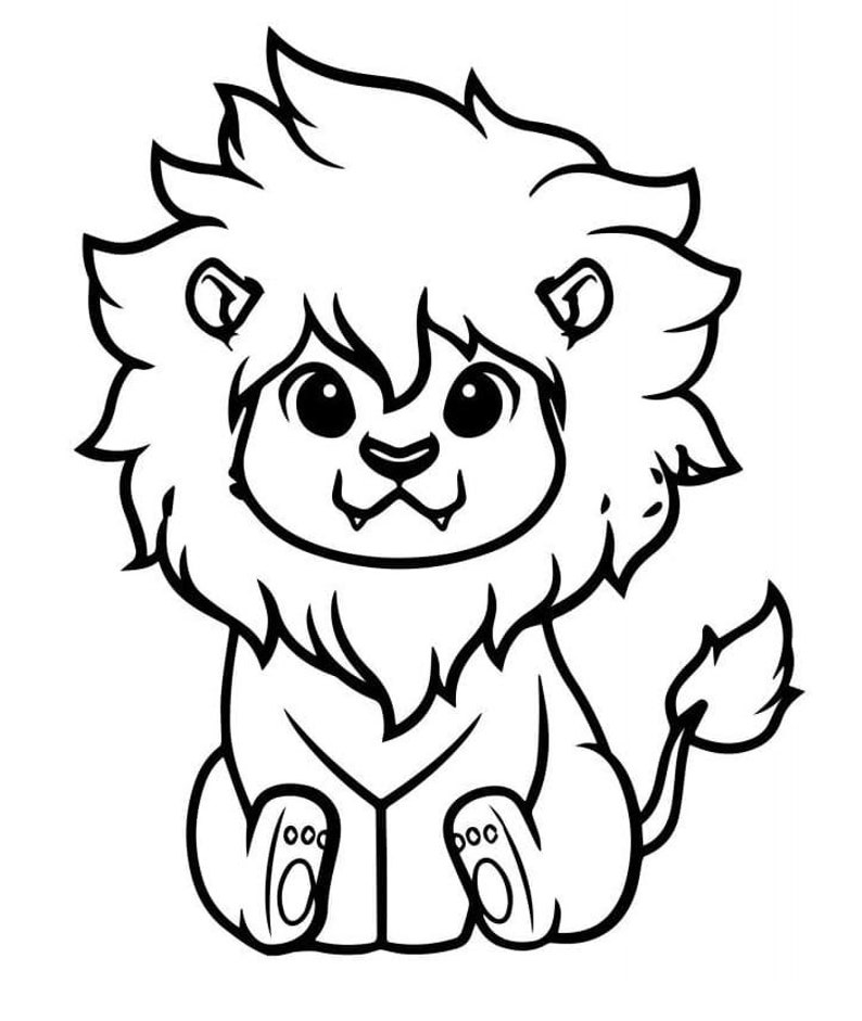 May include: A black and white cartoon illustration of a lion cub in a sitting position. The lion has a large, fluffy mane, big eyes, and a small tail. The image is a simple line drawing, suitable for coloring or use as a graphic.