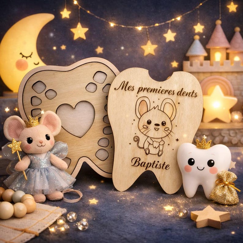 May include: Wooden tooth-shaped keepsake box with a heart cutout, a plush mouse wearing a crown and holding a star wand, and a smiling tooth figurine. The box has the text "Mes premieres dents" and the name "Baptiste".