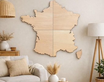 Wooden map of France 60.1 x 61.6 cm – Wooden wall decoration – Engraved map of France – 4 panels + Corsica – Home gift idea