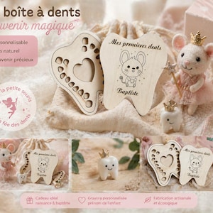 May include: Wooden tooth-shaped keepsake boxes with heart cutouts and engraved details. One box has the text "Mes premieres dents" and a cartoon mouse illustration. A small mouse figurine with a crown and wand is also present.