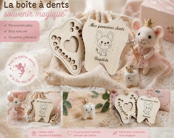 Personalized wooden milk tooth box, children's keepsake box, birth gift, christening gift, engraved name, little mouse.