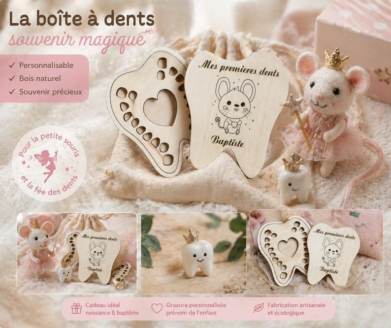 May include: Wooden tooth-shaped keepsake boxes with heart cutouts and engraved details. One box has the text "Mes premieres dents" and a cartoon mouse illustration. A small mouse figurine with a crown and wand is also present.