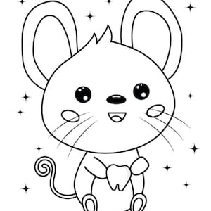 May include: A black and white cartoon illustration of a smiling mouse holding a tooth. The mouse has large ears, a curly tail, and whiskers. Stars are scattered around the mouse.