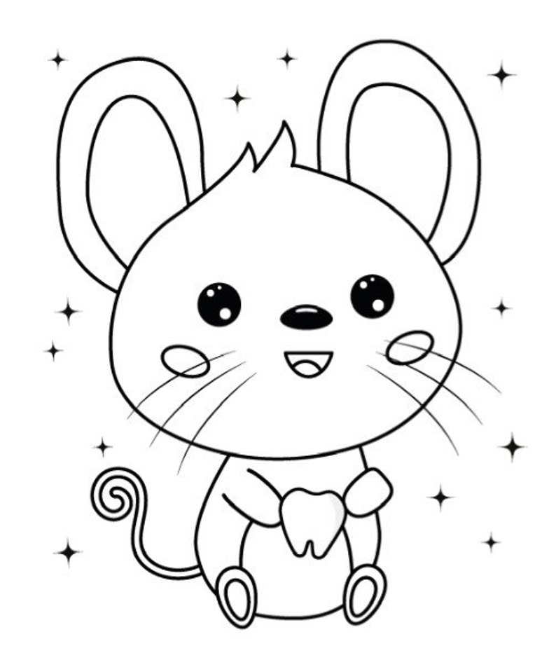 May include: A black and white cartoon illustration of a smiling mouse holding a tooth. The mouse has large ears, a curly tail, and whiskers. Stars are scattered around the mouse.