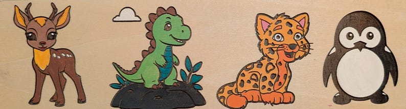 May include: Wooden puzzle featuring four cartoon animals: a deer, a dinosaur, a jaguar, and a penguin. The deer is brown with yellow accents, the dinosaur is green, the jaguar is orange with black spots, and the penguin is black and white.