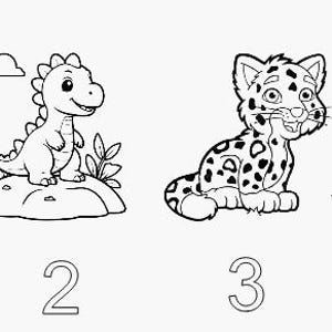 May include: Line art illustrations of four animals: a deer, a dinosaur, a leopard, and a penguin. Each animal is numbered below. The deer stands upright, the dinosaur is on a rock, the leopard is sitting, and the penguin is standing.