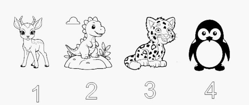 May include: Line art illustrations of four animals: a deer, a dinosaur, a leopard, and a penguin. Each animal is numbered below. The deer stands upright, the dinosaur is on a rock, the leopard is sitting, and the penguin is standing.