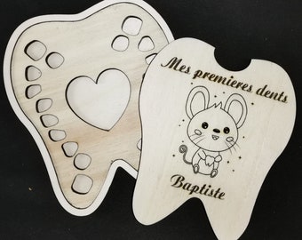 boite dent de lait. petite souris. personnalisable. en bois tilleul . image neutre ou peinte. Avec ou sans nom des dents (à preciser)